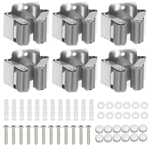 PATIKIL Besen und Mopp Halter 6Stk Wand Montiert Edelstahl Mopp Aufhänger Schwer Garten Gerät Organizer Gestell Hänge Klammern mit Schrauben für Zuhause Garage Grau