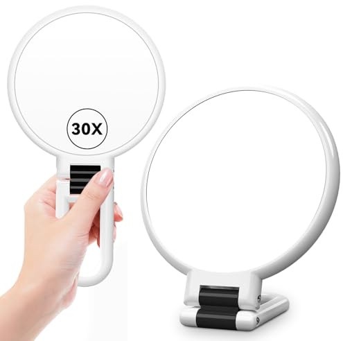 Auxmir Espejo de Mano, Aumento 30X / 1X Doble Cara, Espejo de Maquillaje Plegable para Viajes Mesa, Colgar Pared Baño, Ligero y Portátil, Rotación de 360°, Blanco
