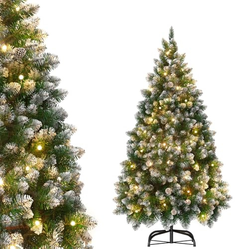 XMTECH 120cm Künstlicher Weihnachtsbaum mit Beleuchtung Weiß Schnee-Effekt Kiefernzapfen LED Tannenbaum Christbaum Grüne PVC mit Metallständer für Weihnachten Dekoration
