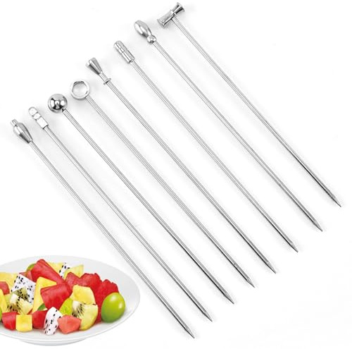 8 Pack Stainless Steel Cocktail Picks, Reusable Fruit Sticks Metal Martini Skewers Olive Drink Picks Set for Holiday Party Events, Circle/Ball,Tops- Silve
