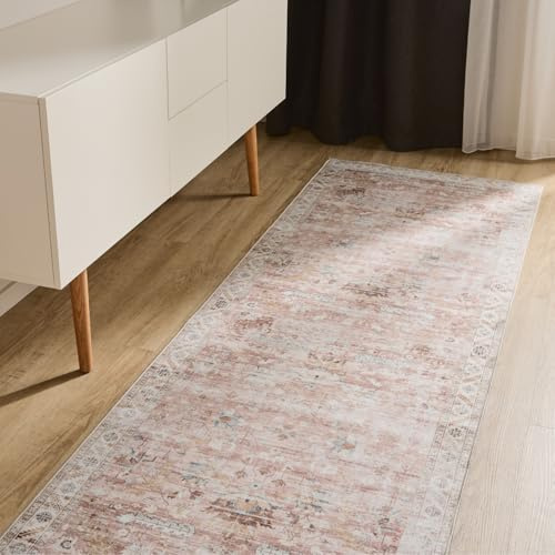 benuta Basic Waschbarer Teppich George - Rosa 80x240 cm - Kunstfaser - Läufer & im Style: Vintage, Elegant, Retro - Pflegeleicht für Wohnzimmer Schlafzimmer Flur