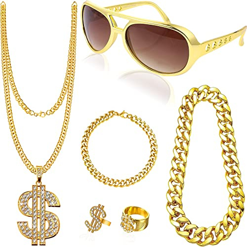 Saier tbo 6 Stück Zuhälter Kostüm Set, Rapper Hip Hop Accessoires Kit mit Goldener Halskette Dollarzeichen Ringen Sonnenbrille Armband für Damen Herren Karneval 80er 90er Mottoparty