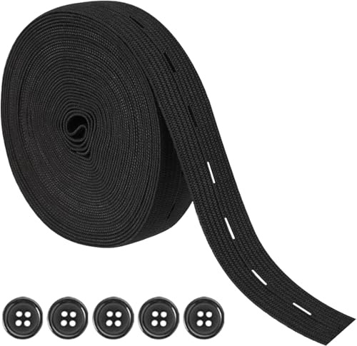 Heanvmyss Bandas Elásticas con Ojales,20mmx5m Banda de Costura Plana,Cinta de Goma Elástica con 5 Botones,Banda Pantalones para Pantalón Pretinas Maternidad(Negro)