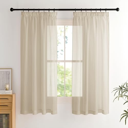 PONY DANCE Cortinas Cortas para Ventanas, Transparentes para Cocina | 140x160cm(AnxAl),Caqui, Set de 2,Visillos Transpirables y Decorativos,Puerta Divisora para Gabinete, con Fruncidas