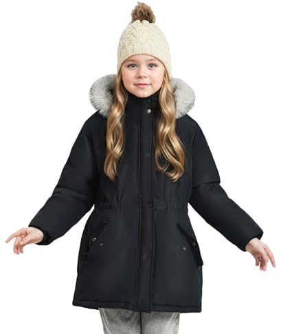 maoo garden Giacca Invernale per Ragazze Parka da Sci Pesante con Cappuccio in Pelliccia e Soprabito Impermeabile per Bambini Nero 164