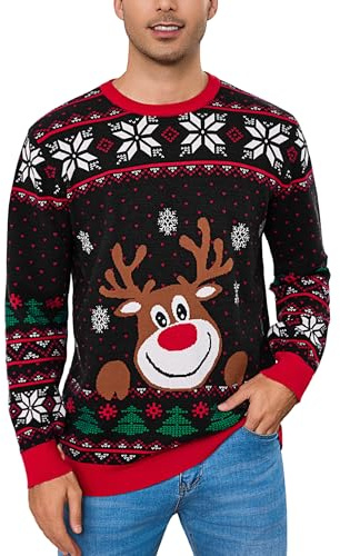 Bresdk Suéter Navidad Hombre de Invierno con Copos de Nieve y Reno Suave Jersey navideño para Reuniones, Regalo y Oficina Negro-A L