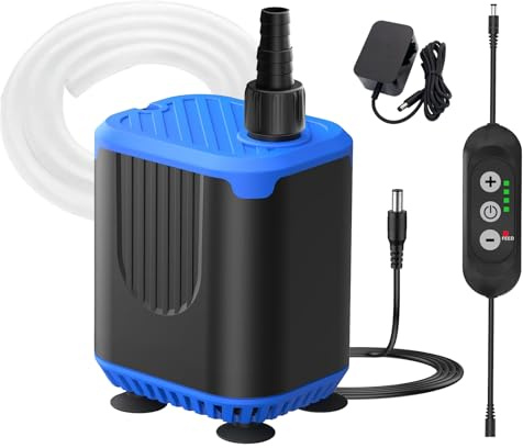 LNIDEAS Aquarium Tauchpumpe AC/DC,4-Stufig Einstellbare Wasserpumpe mit Fütterungsmodus,400L/h Aquariums Pumpe mit 2 Düsen und Schlauch,Max. Förderhöhe 1.5m,für Aquarium,Teich (7.5W-1.5m Förderhöhe)