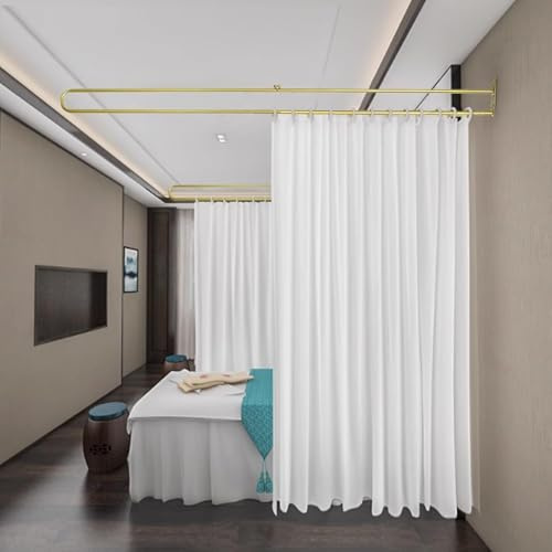 petour U-Shape Room Divider, 6.56ft Wall Mounted Privacy Partition Curtains | Metal Room Divider Curtain with Flat Hook, for Fitting Room Beauty Salon Bedroom and Hospital (Gloden Rod-White Curtain)