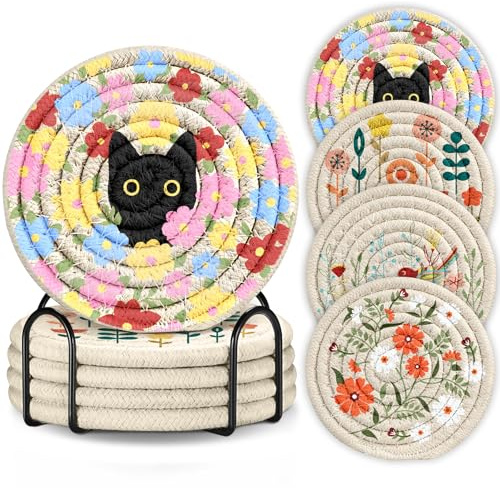 Kokaaee Drink Coasters Set of 4 - Cute Absorbent Cup Coasters for Drinks Coffee Table Office Home Desk Decor Soft Woven Cotton Cloth Braided Fabric Drinking Cup Mat with Holder Flower Cat Bird Plants