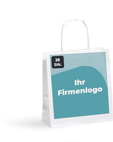 Cimpress Personalisierte Papiertüten mit Henkel weiß, Foto, Logo oder Text hinzufügen, 19 x 22,5 cm Großer Aufdruck, 25 Stück, Kraft-Geschenktüten für Einzelhandel, Boutiquen, Geburtstage, Hochzeiten