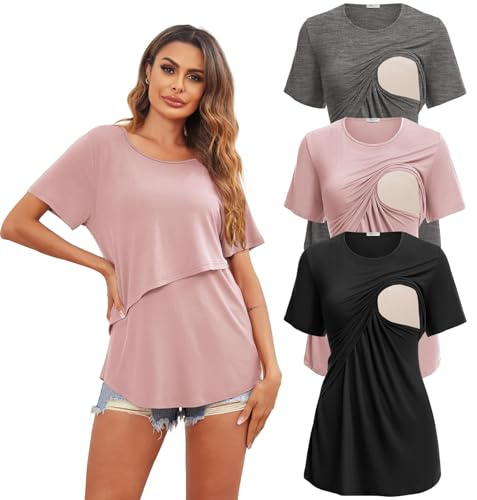 Ekouaer Confezione da 3 Magliette da Allattamento da Donna Manica Corta Gravidanza T-Shirt Estivi, Rosa + Grigio Scuro + Nero, L