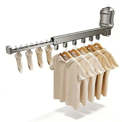 Clothes Airer Wall Mounted with Suction Cup, Extendable Clothes Airer, Clothes Dryer Wall, Clothes Hook, Foldable Clothes Fan, Wall Mountable Clothes Dryer for Balcony, Laundry, Bathroom (Grey)