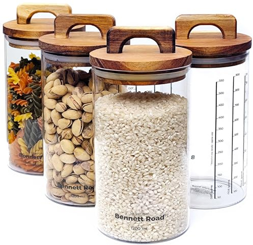 Bennett Road Glass Storage Containers, 4-Pack, 1.2L | Avec couvercles en bois d’acacia, idéales pour céréales, farine, riz, café et fruits secs, tout en gardant la fraîcheur