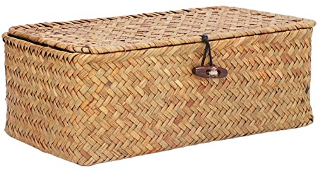 Dioche Caja de Almacenamiento de Mimbre Cesta de Almacenamiento de Pasto Marino Natural - Organizador Rectangular Tejido a Mano con Tapa, de Escritorio Multifuncional para el Hogar y la Oficina (M)