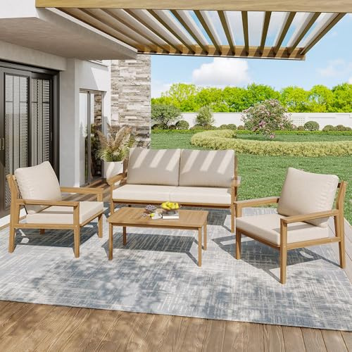 CelticHearth Gartenmöbel Set Outdoor, Lounge-Set Wetterfest für 4-5 Personen, Holz und Metall, 2 Einzelsofas, 1 Doppelsofa, 1 Tisch, Kissen Inklusive