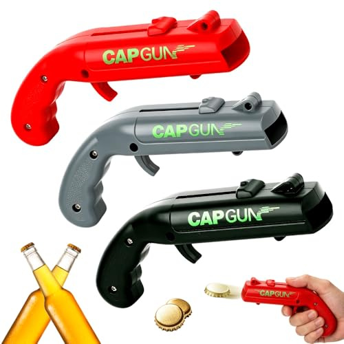 CLIUNT 3 Piezas Abrebotellas Pistola, Cap Gun Abrebotellas, Abridor Pistola, Pistola de Tapas, para Hombres para el Hogar, Restaurante, Bar, Fiesta, Regalo Divertido (Rojo+Gris+Negro)