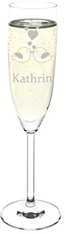Leonardo - Bicchiere da spumante personalizzato con incisione del nome, regalo di fidanzamento, San Valentino, motivo coppia di uccelli