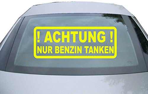 Indigos UG Aufkleber Heckscheibe & Motorklappe - neongelb - 600x228 mm - ACHTUNG! Nur Benzin tanken - selbstklebender Sticker für Auto, Fenster, Bus oder LKW