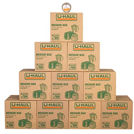 U-Haul Medium Moving Boxes - Pack of 10 Boxes with Handles - 18” x 18 1/8” x 16”- Bonus Roll of Tape Included