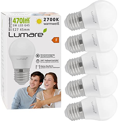 Lumare LED Glühbirne E27-2700K 5W | 470 Lumen ersetzt 40W Glühlampen | Tropfenform G45 | Abstrahlwinkel 270° | 5-er Set - Warmweiß