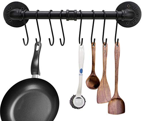 BTSKY 40 cm industrielles Rohrpfannenregal mit 8 Haken – Wandmontage, Küchenutensilien, Kochgeschirr, Aufhänger, Organizer, Küchenutensilien, Deckel, Handtuchhalter