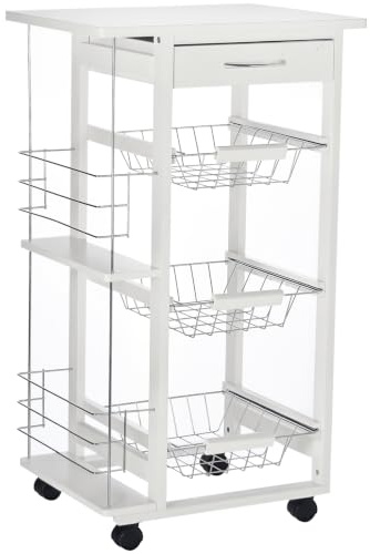 HOMCOM Chariot de Service Desserte de Cuisine à roulettes Bois Pin Blanc | Multi-Rangements, 3 Paniers Métal, Tiroir, 2 Range-Bouteilles