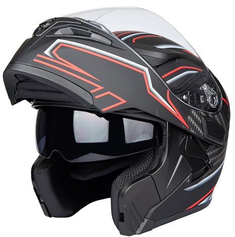 Flip-Up Motorcycle Helmet Dual Visor Sun Shield Flip up Modular Motocross DOT Approved Helmets (Large, IMT)