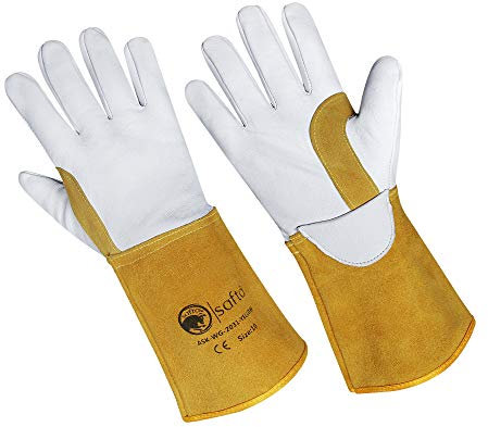 SAFTA Spark and Heat Proof Gloves, Sheep leather Palm & Top with Cow Split Leather Cuff, AZO free Ideal TIG Welding Gloves, Perfect for Gardening, Soldering, Metal Handling. (Size 10, Yellow)