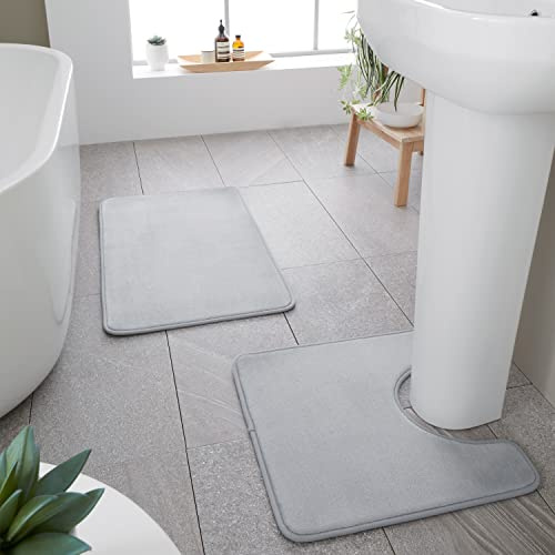 Catherine Lansfield Bathroom Anti-Bacterial Memory Foam Bathmat And Pedestal Mat Set Silver