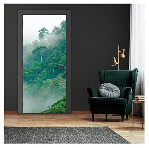 Türtapete Selbstklebend Wald im Nebel Dschungel - 91x211 cm einteilig - Türposter Fototapete für Tür Wohnzimmer Küche Badezimmer Türaufkleber Türfolie UV-Beständig Montagefertig