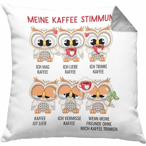 Trendation Meine Kaffee Stimmung Lustiger Kaffe Spruch Eulen Kissen mit Füllung 40x40 Eulen-Fans (Grau)