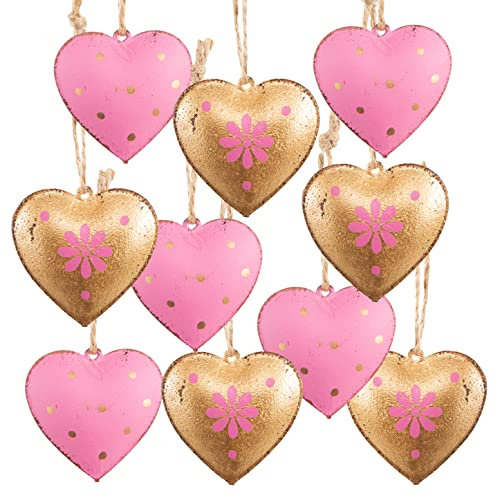 Deko Herzen zum Aufhängen, 10er Set: Herzanhänger Metall, Metallherzen Anhänger, Dekoherzen Weihnachten, Advent, Herbst & Winter, Weihnachtsdeko Zweige, Blechherzen, Baumschmuck, Rosa & Gold, 4 cm