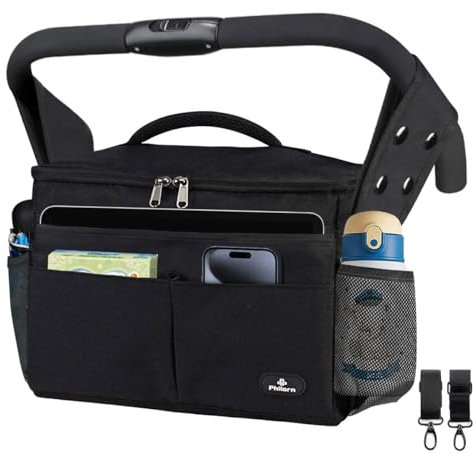 PHILORN Pram Bag, Pushchair Organiser Bag with Insulated Cup Holders, Buggy Organiser with Large Capacity for Baby Essentials Fits for Universal Strollers Like Doona, Ickle Bubba, Adjustable Strap