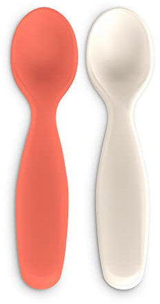 Suavinex, Pack 2 Cuillères pour Bébés. Convient aux Gencives Sensibles. Pour Bouilles et Petits Pots. Aptes pour le Lave - Vaisselle. Pour Bébés +4 Mois, Corail + Gris