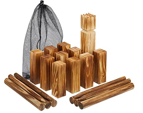 Relaxdays Wikinger Spiel, Outdoor Wurfspiel, Kinder & Erwachsene, Holz, Schwedenschach, 21 Spielfiguren, Beutel, braun