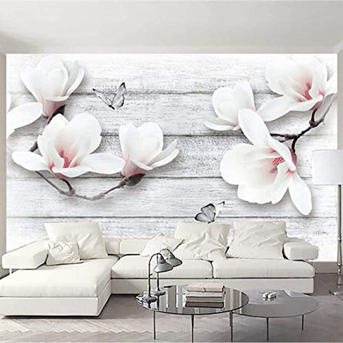 Fototapete 3D Effekt Tapete Holzplatte Graue Blumen Schmetterlinge 3D Tapeten Wandbilder Wohnzimmer Schlafzimmer Kinderzimmer Dekoration Wanddeko