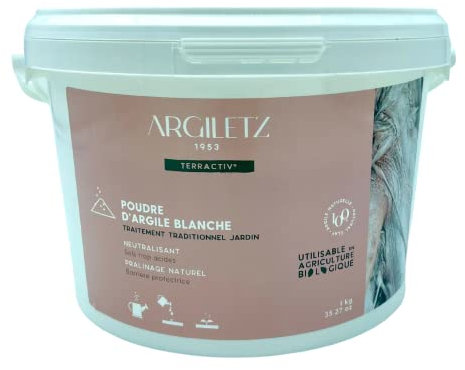 ARGILETZ - Poudre d'argile blanche 1kg - Traitement traiditionnel jardin, neutralisant pour sols trop acides - Pralinage naturel barrière protectrice