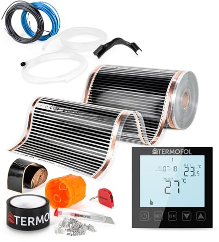 Termofol Calefacción eléctrica por suelo radiante, lámina calefactora 230V - con termostato H1 Negro - Potencia 80 W/m² - Superficie 1m² - Juego completo de calefacción eléctrica para suelo, pared o