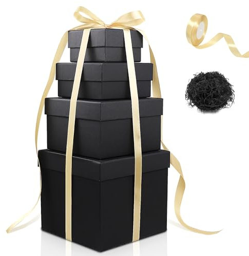 Geschenkboxen mit Deckel Set, 4 Verschiedene Größen Ineinander, Schwarz Karton Pappschachteln Ordnungsboxen mit Schleife, Rechteckige Geschenkbox für Weihnachten Hochzeit Geburtstag