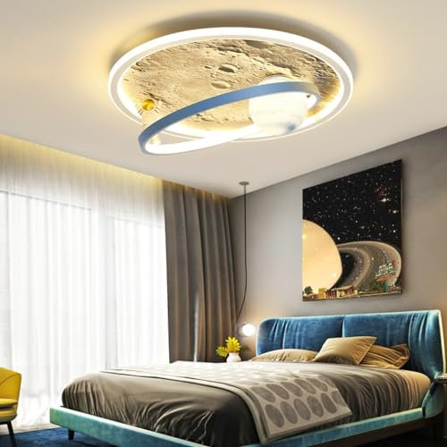 WOQuju Deckenleuchte LED Dimmbar Acryl Lampeschirm Deckenlampe Mond Astronaut Deckenlampe Design Mädchen Baby Jungen Kinder Lampen Mit Fernbedienung Wohnzimmer Pendelleuchte Baby Lampe (Color : B, S
