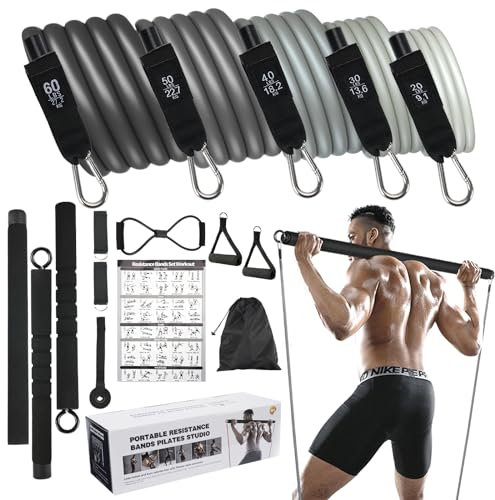 M MOACC Fitnessbänder Pilates Bar Set mit 5 Widerstandsbänder 20/30/40/50/60lbs, Resistance Bands Fitnessbänder Widerstandsbänder Set, Resistance Bands Verstellbare und Abnehmbare