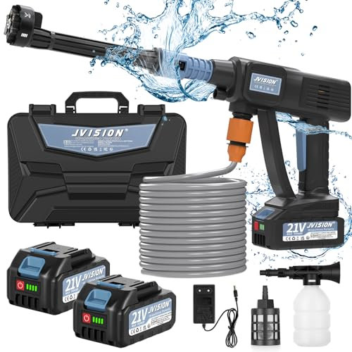 JVISION Akku Hochdruckreiniger Mobiler mit Wasserhahnanschluss & 2X 4000mAh Akku, Kabelloser Pressure Wascher mit 6-in-1 Düse für Auto, Terrasse, Hausreinigung
