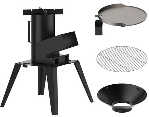 ONLYFIRE GRILLS 3-in-1 Camp Rocket Stove Kit with BBQ Grate, Griddle, Pot Rack, Portable Wood Burning Stove with Detachable Stand, Camping Gear for Outdoor Cooking Patio Barbecue RV Tailgating, GS345