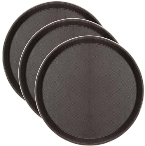 NAMYEUT 3 Stück 28cm Kellner Tablett Rund rutschfest, Braun Kunststoff Serviertablett Rund Rutschfestes Gastronomie Tablett Plastik für Küche Café Bäckerei Restaurant