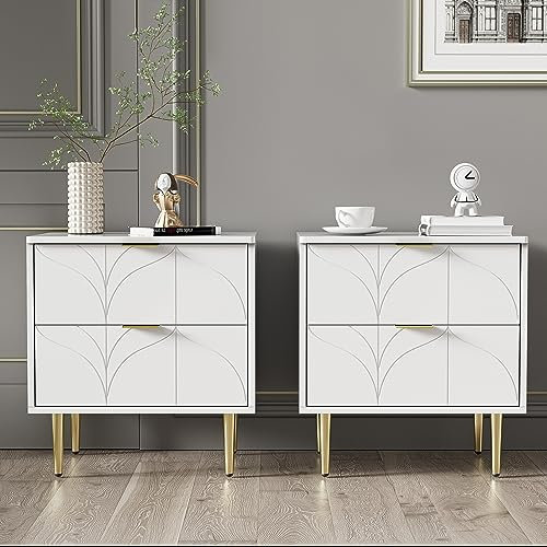 Lot de 2 tables de chevet - Motif floral - Table de chevet avec tiroirs - 50 x 40 x 54 cm - Avec pieds et boutons dorés - Laquée - Coins avec design anti-rebond - Blanc
