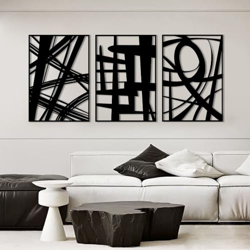 WINUSD 3Pcs Abstrakte Schwarze Metall Wandkunst, 3D Texturierte Metall Wanddekoration, Modernes Design Wandskulpturen, Minimalistische Linienkunst Heimdekoration für WohnräUme Büros (16in X 11in)