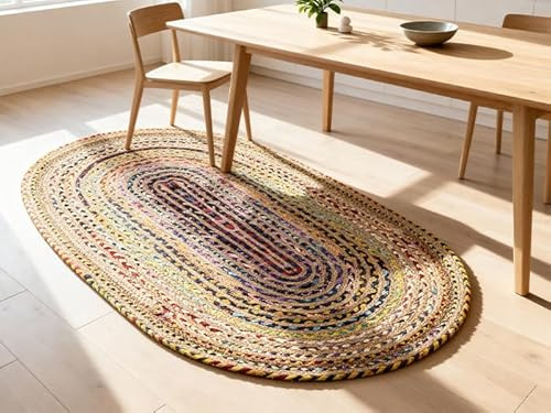 Craft Trade Chindi Jute Area Rug Braided Hand Woven Boho Rag Rug Reversible Colorful Home Decor Farmhouse Carpet Rug for Kitchen Living Room and Bedroom - Oval 120x180 cm