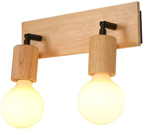 LIGKIN Lámpara de Pared Vintage E27 Apliques de Pared de Madera Lámpara de Techo 2 Focos Cabezal Giratorio Ajustable, Lámpara Techo Focos Interior para Dormitorio Salón Pasillo