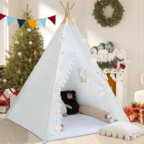 WIRHAO Tipi-tält för barn med vadderad matta bomull kanvas tipi barntält med pompom inomhus barntält för flickor pojkar med stjärnljus, bärväska, banner-flagga (vit)