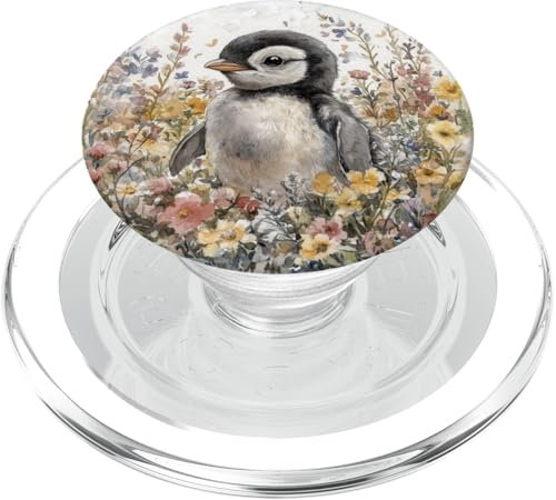 Verspieltes Pinguin-Küken in bunter Wildblumenszene PopSockets PopGrip für MagSafe